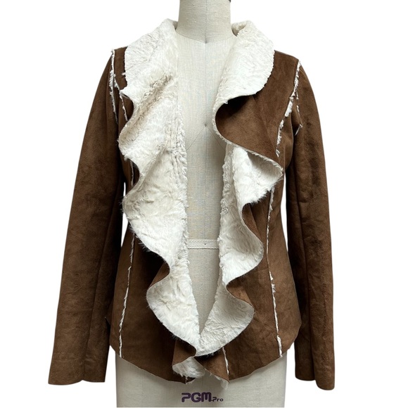 Jou Jou Shearling Coat Faux Sued Draped Collar Moto Jacket - Picture 2 of 6